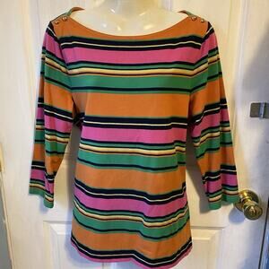 Lauren Ralph Lauren Colorful Striped Boatneck Tee Women L Quarter Sleeve Preppy